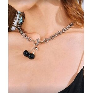 NEW! Silver Plated Chic Black Cherry Pendant Link Chain Toggle Necklace